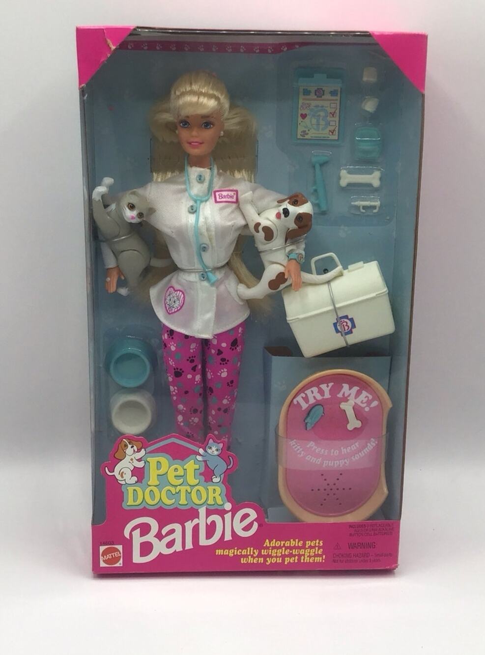 1996 Vintage Pet Doctor Barbie Doll Vet NRFB Talking Pet Bed & Cat & Dog 14603